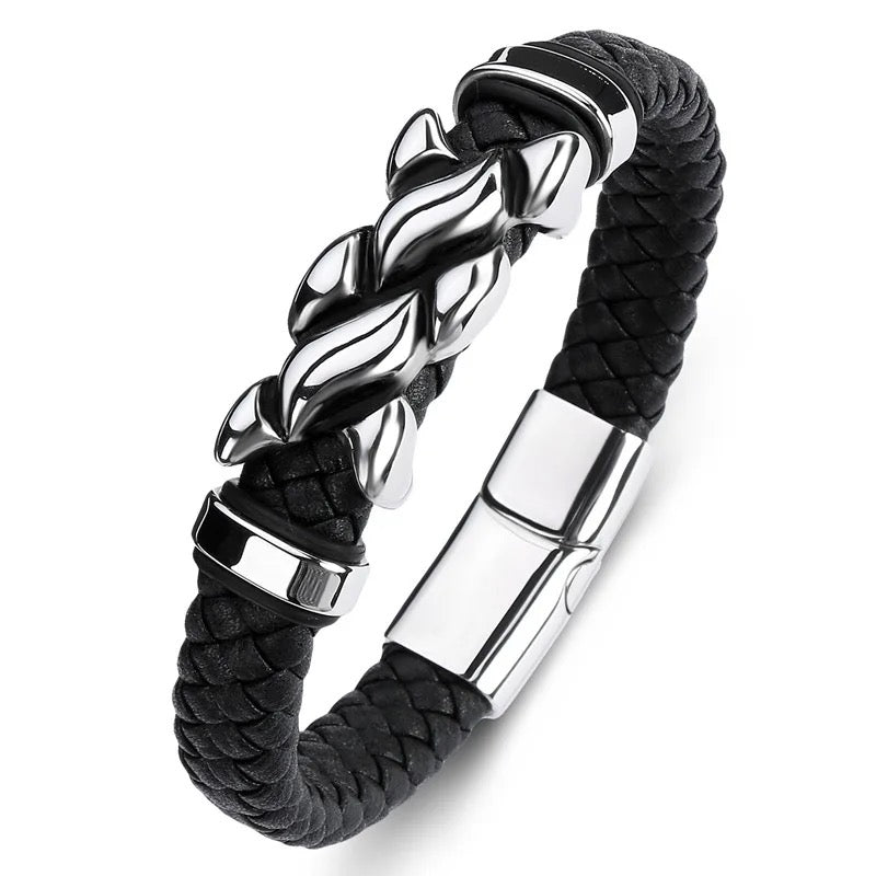 Mens Genuine Leather Stainless Steel Bracelet