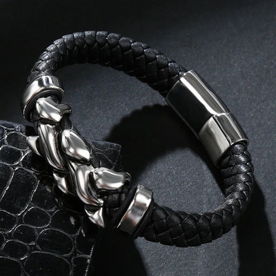 Mens Genuine Leather Stainless Steel Bracelet