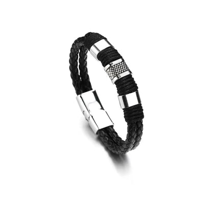 Mens Genuine Leather Stainless Steel Bracelet Magnetic Clasp