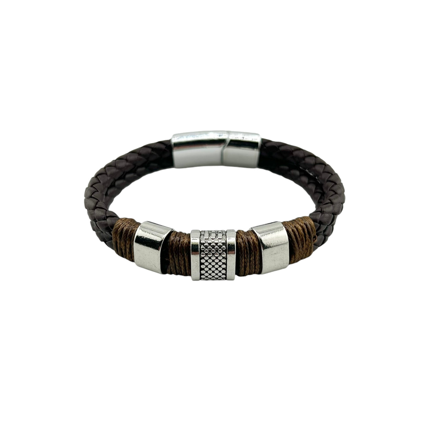 Mens Genuine Leather Stainless Steel Bracelet Magnetic Clasp