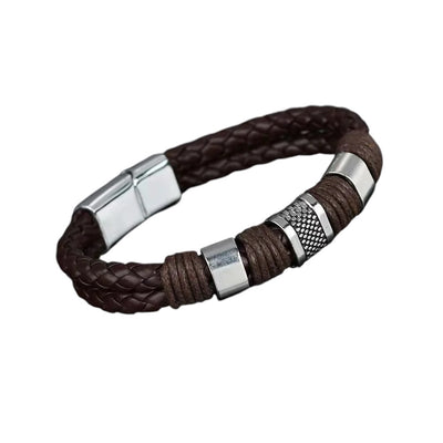 Mens Genuine Leather Stainless Steel Bracelet Magnetic Clasp