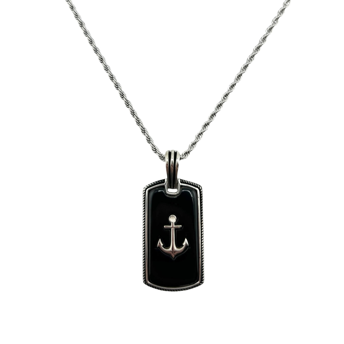 Sterling Silver Onyx Anchor Mens Necklace