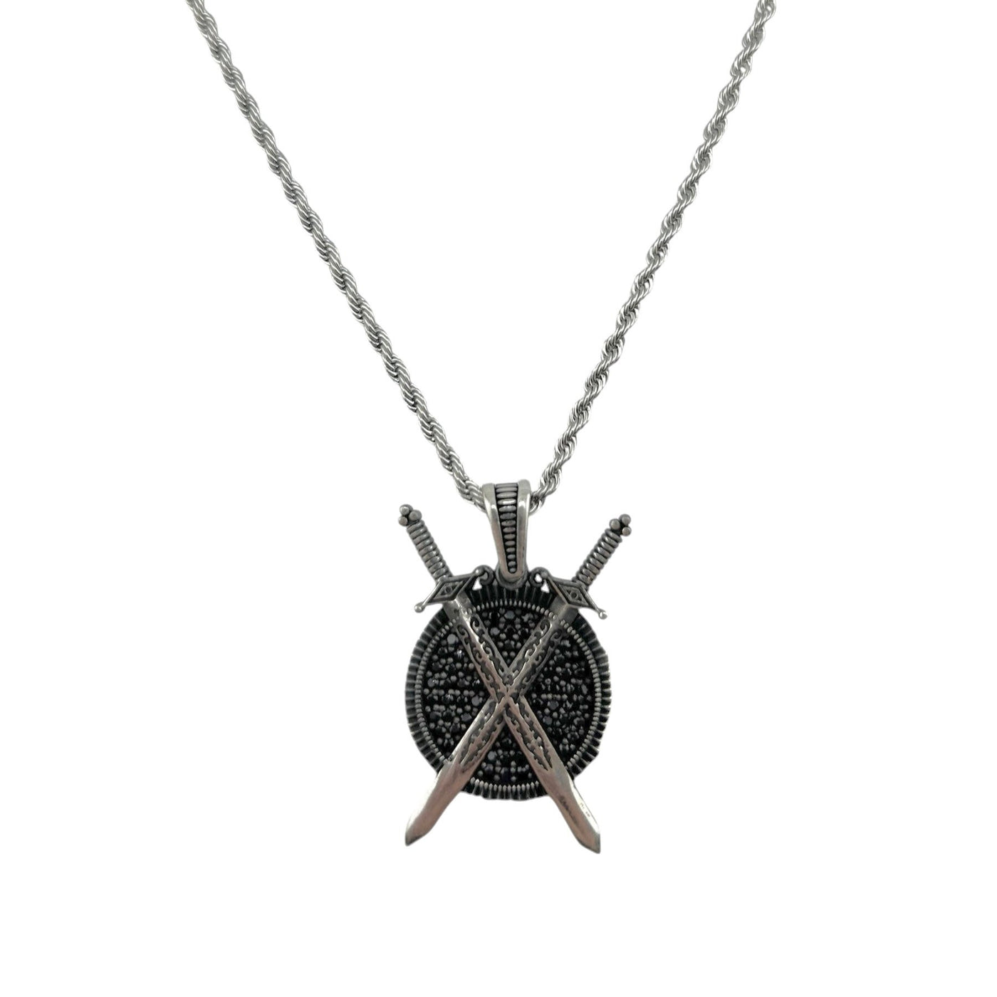 Sterling Silver Sword & Shield CZ Mens Necklace