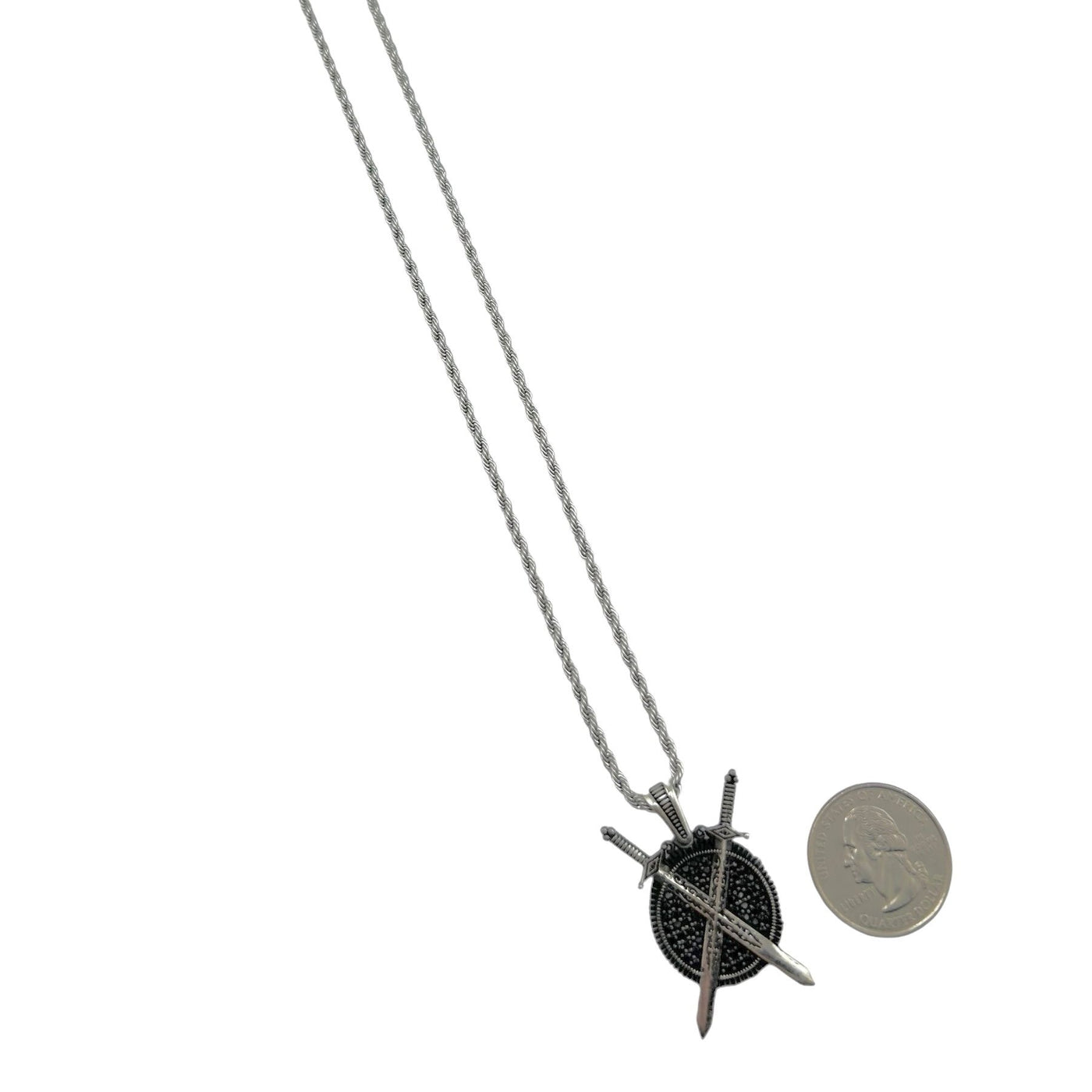 Sterling Silver Sword & Shield CZ Mens Necklace