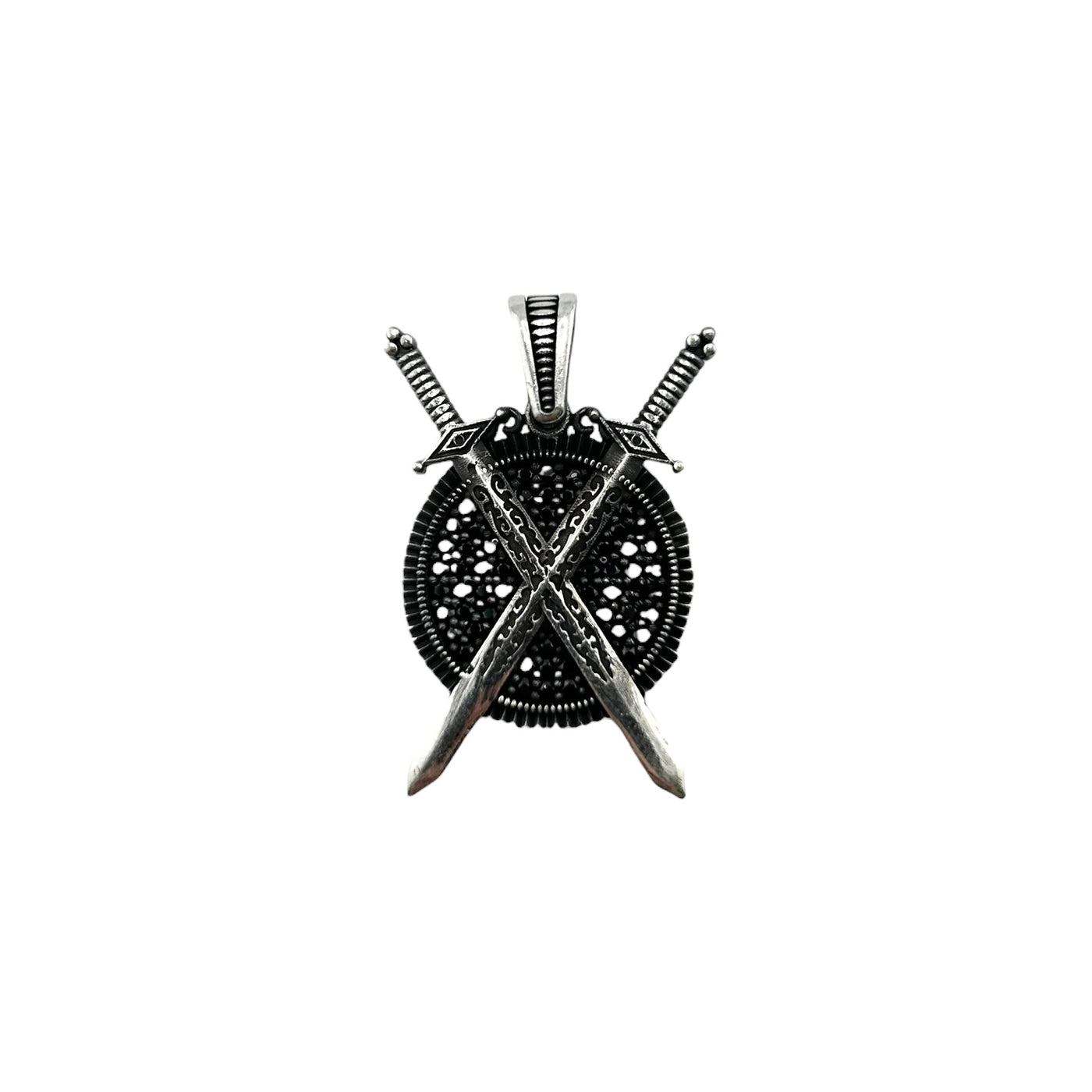 Sterling Silver Sword & Shield CZ Mens Necklace