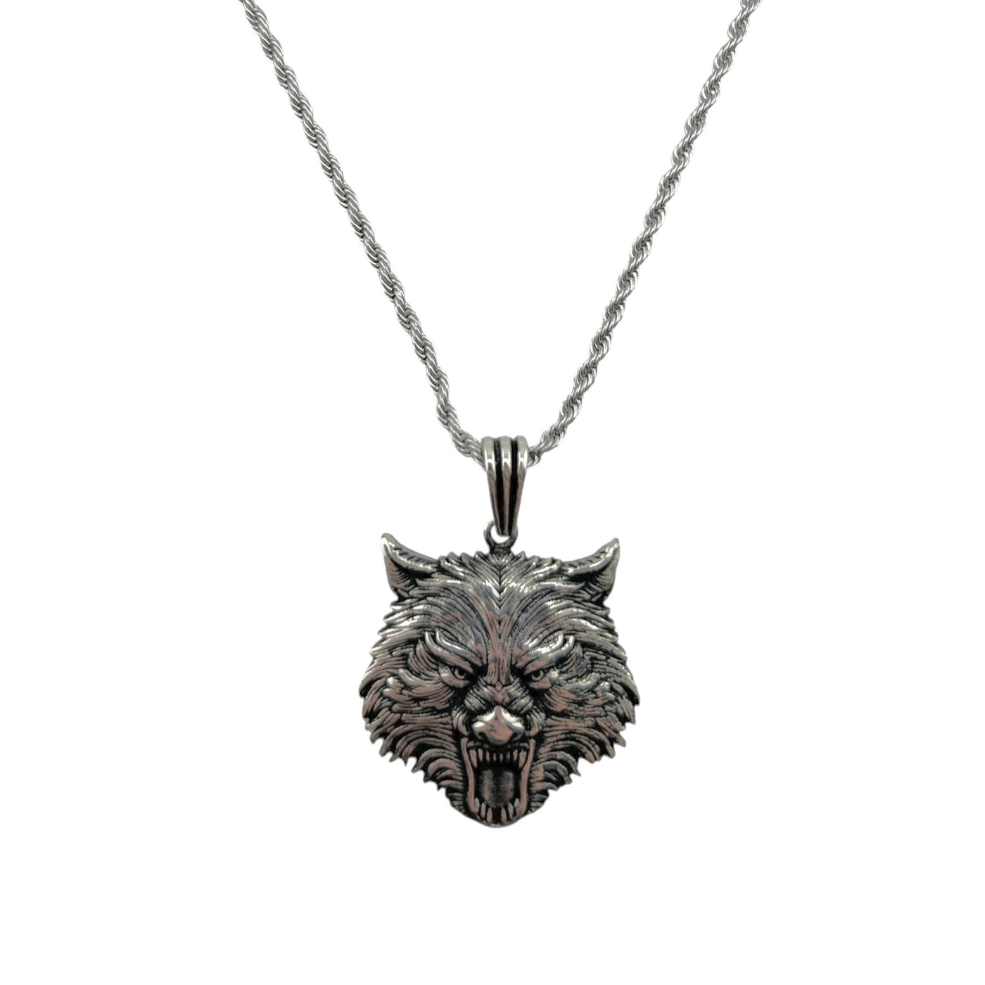 Sterling Silver Wolf Mens Necklace