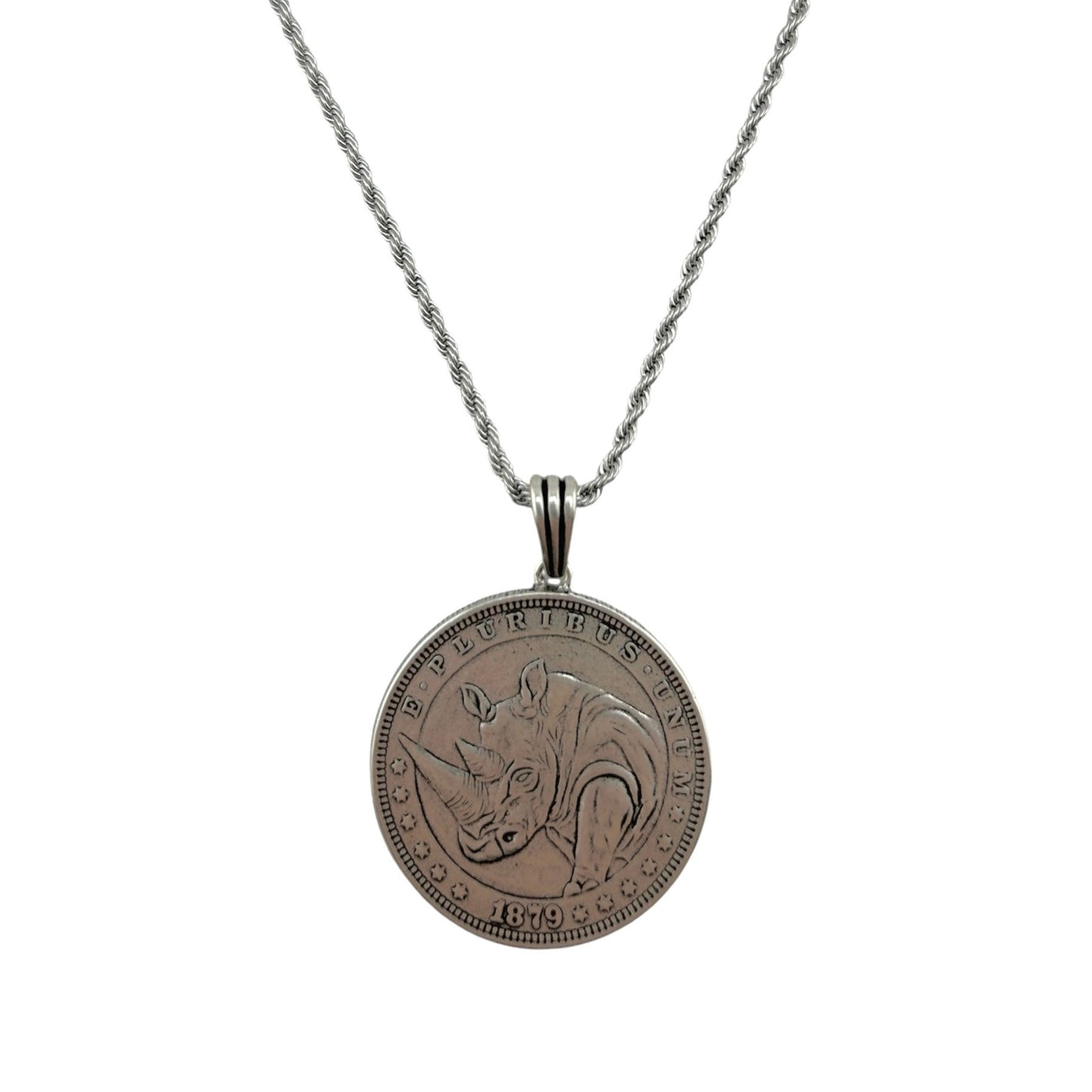 Sterling Silver Rhino Coin Mens Necklace