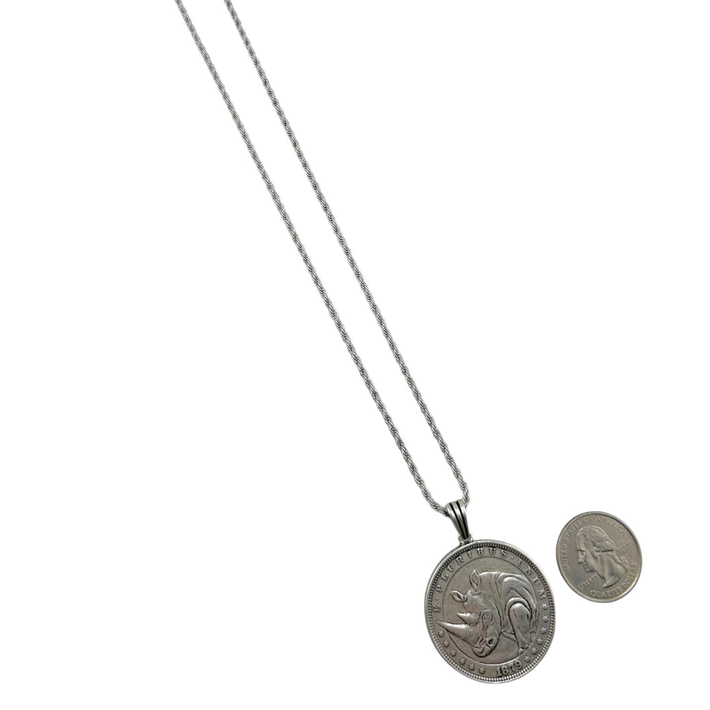 Sterling Silver Rhino Coin Mens Necklace