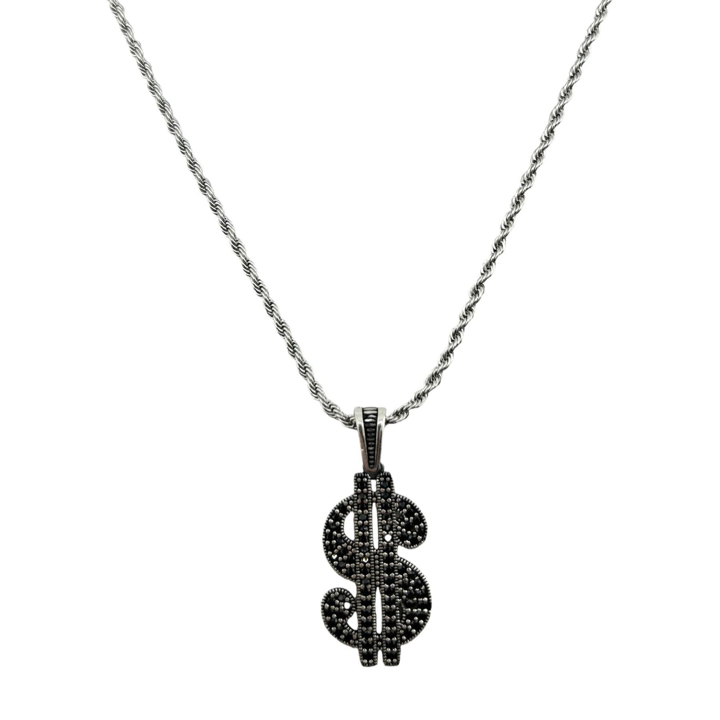 Sterling Silver Black CZ Dollar Sign Mens Necklace