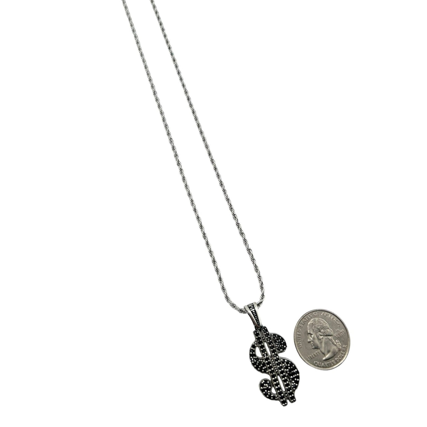 Sterling Silver Black CZ Dollar Sign Mens Necklace