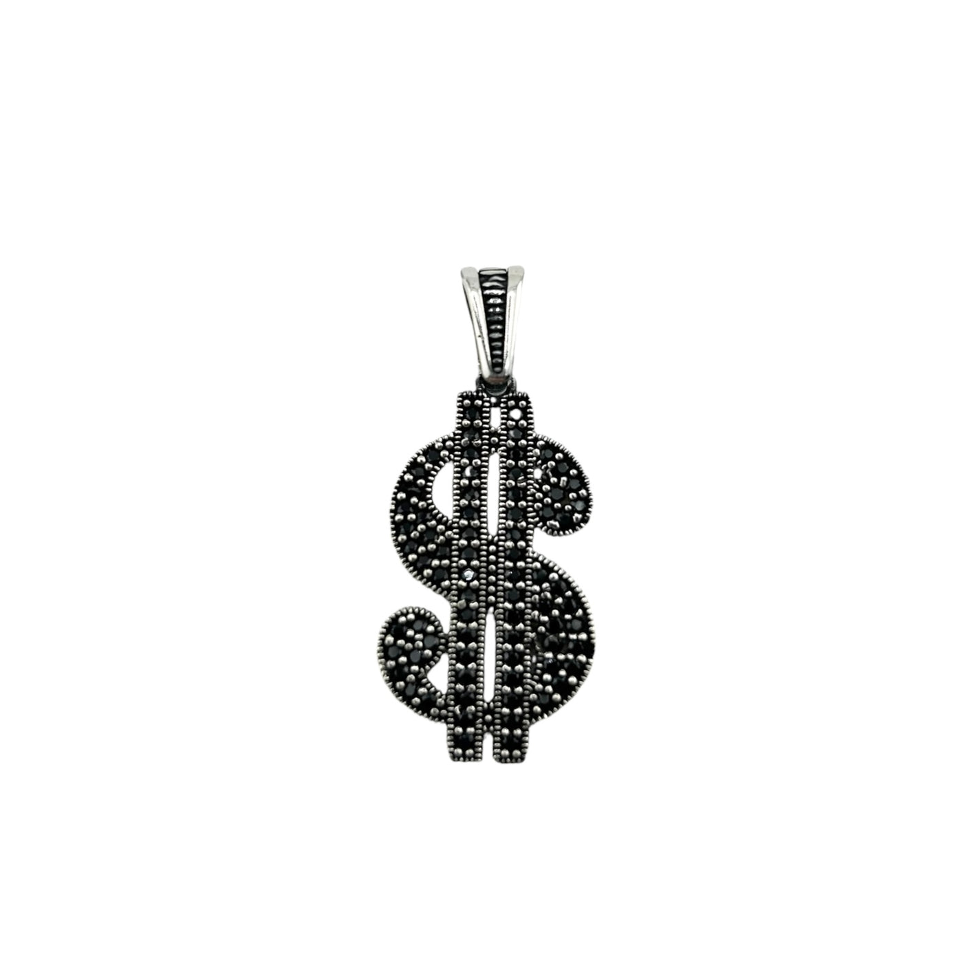 Sterling Silver Black CZ Dollar Sign Mens Necklace