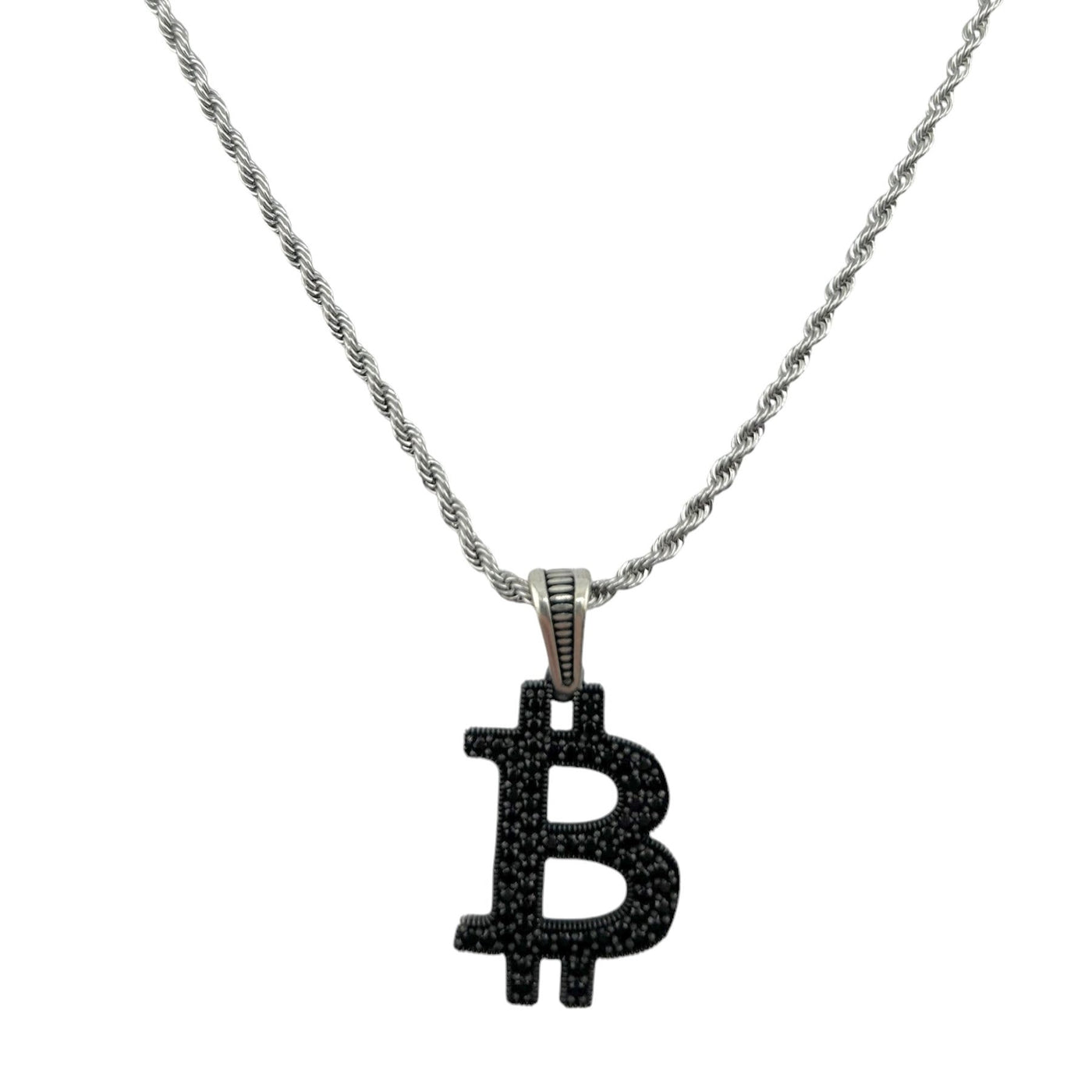 Sterling Silver CZ Bitcoin Mens Necklace