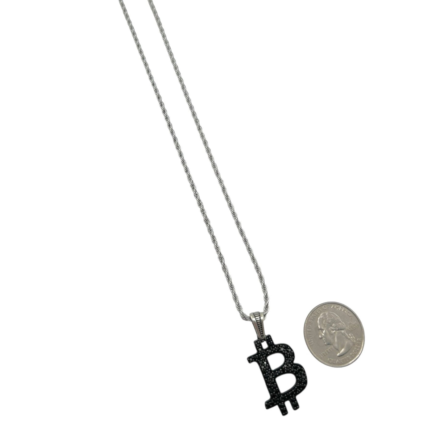 Sterling Silver CZ Bitcoin Mens Necklace