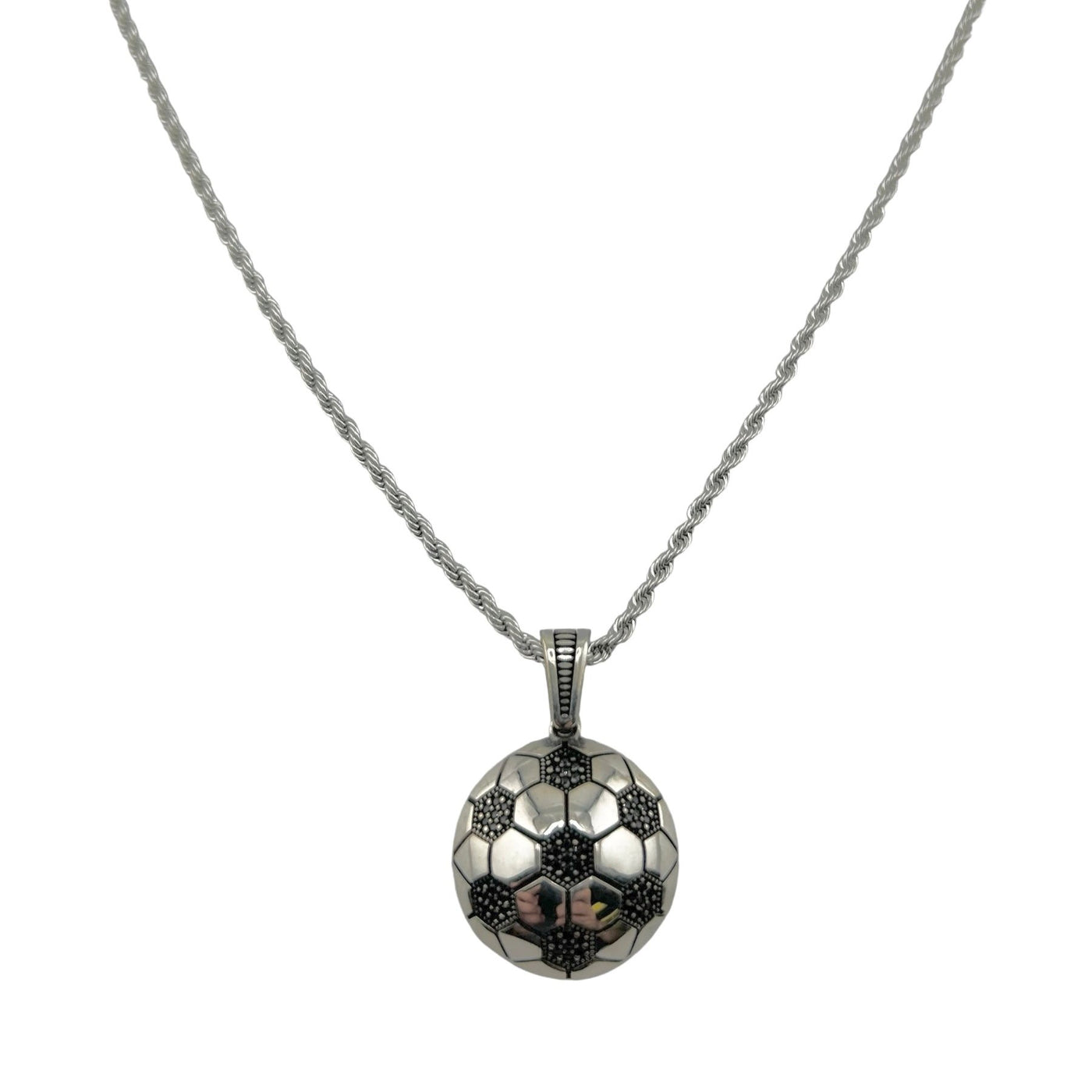 Sterling Silver CZ Soccer Ball Mens Necklace