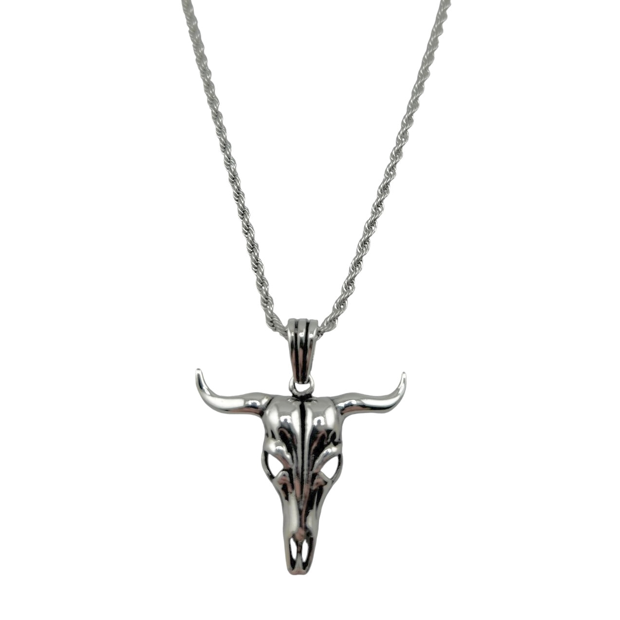 Sterling Silver Longhorn Skull Mens Necklace