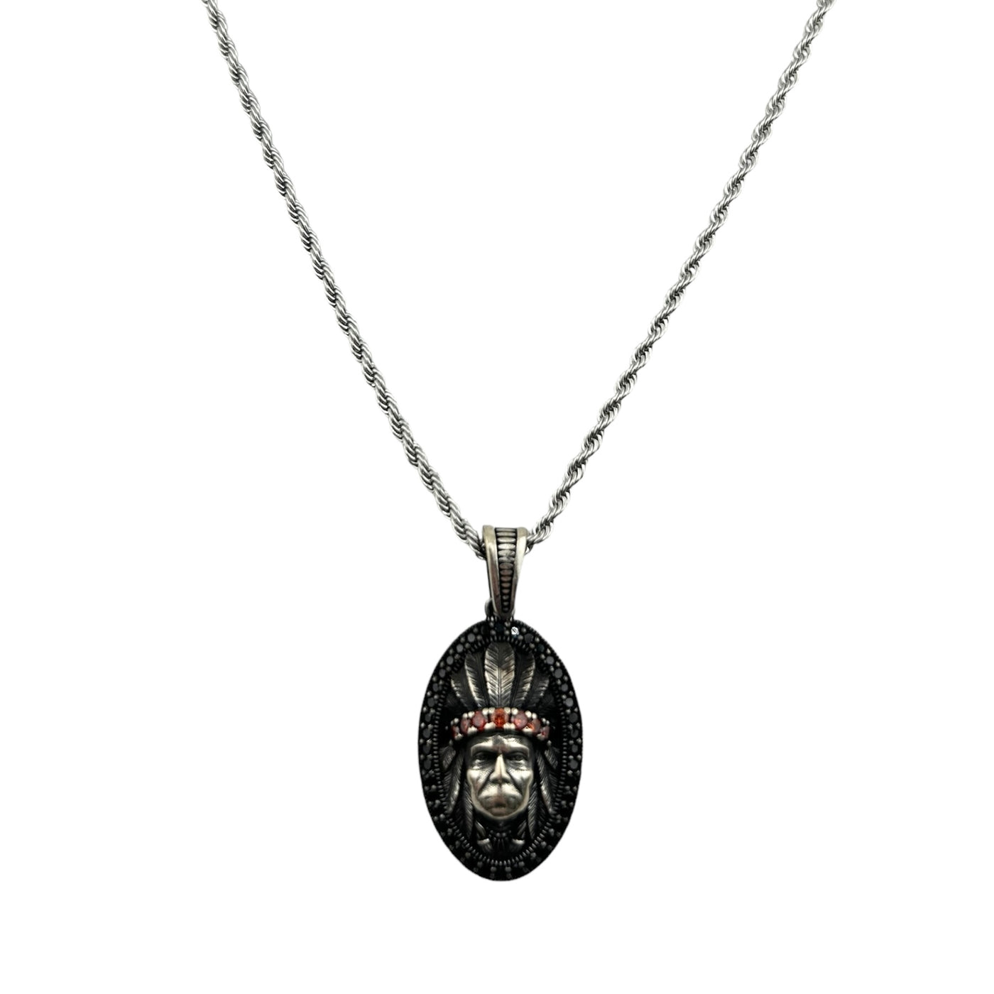 Sterling Silver CZ Indian Chief Mens Necklace