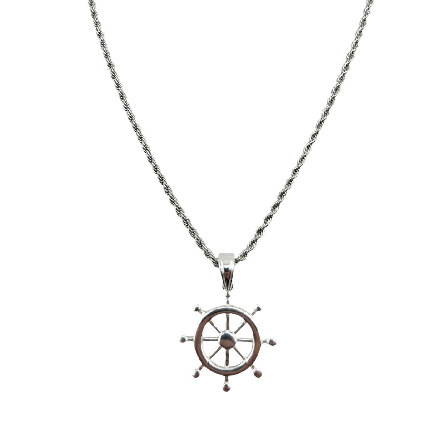 Sterling Silver Nautical Wheel Helm Mens Necklace