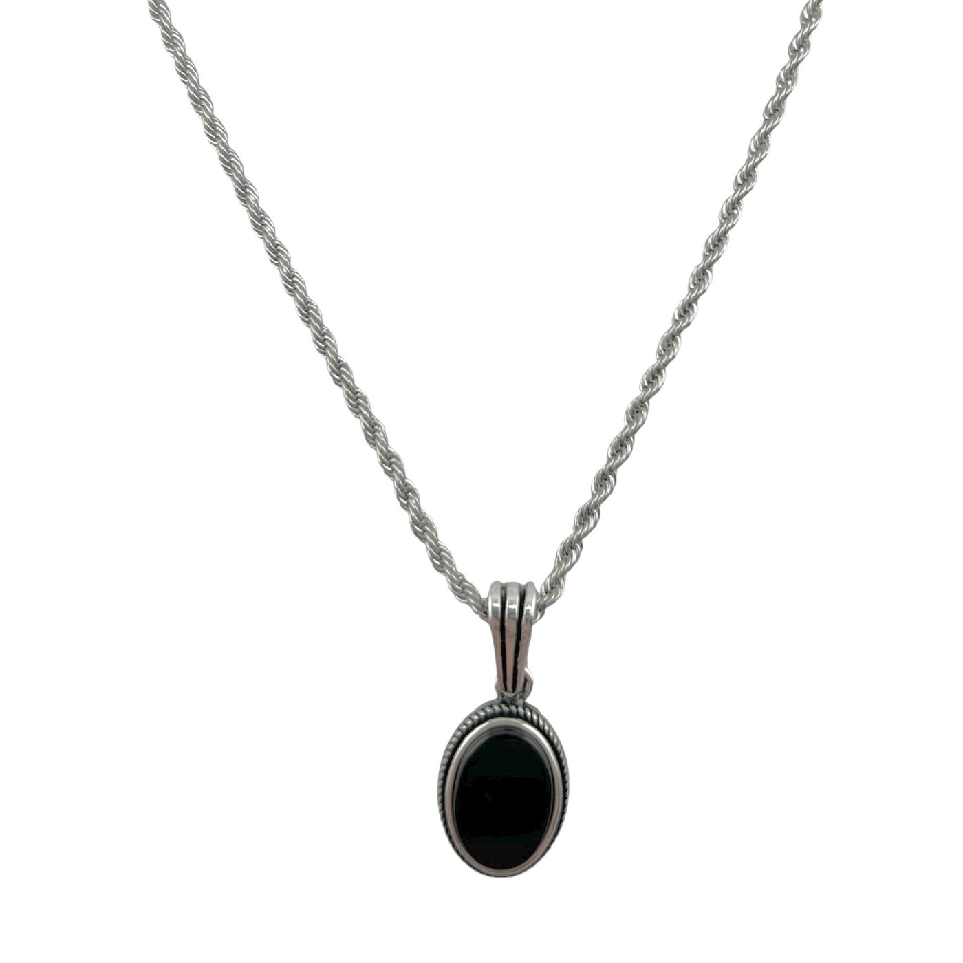 Sterling Silver Oval Onyx Mens Necklace