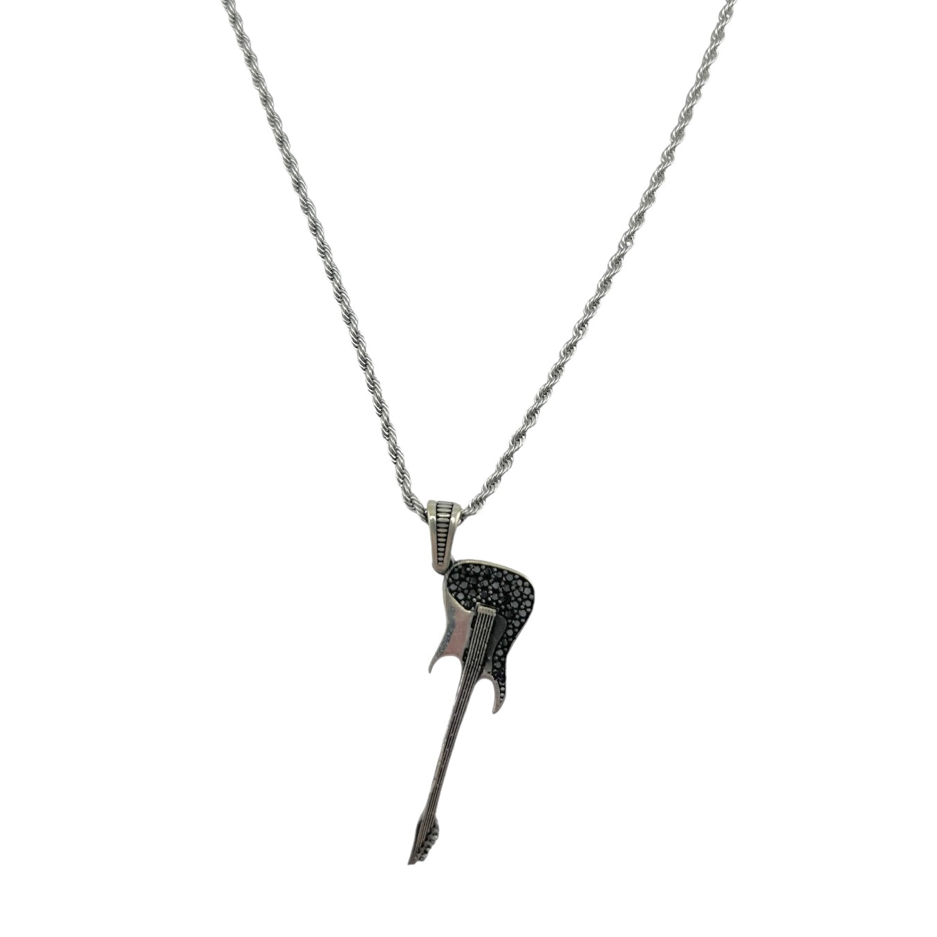 Sterling Silver CZ Guitar Mens Necklace