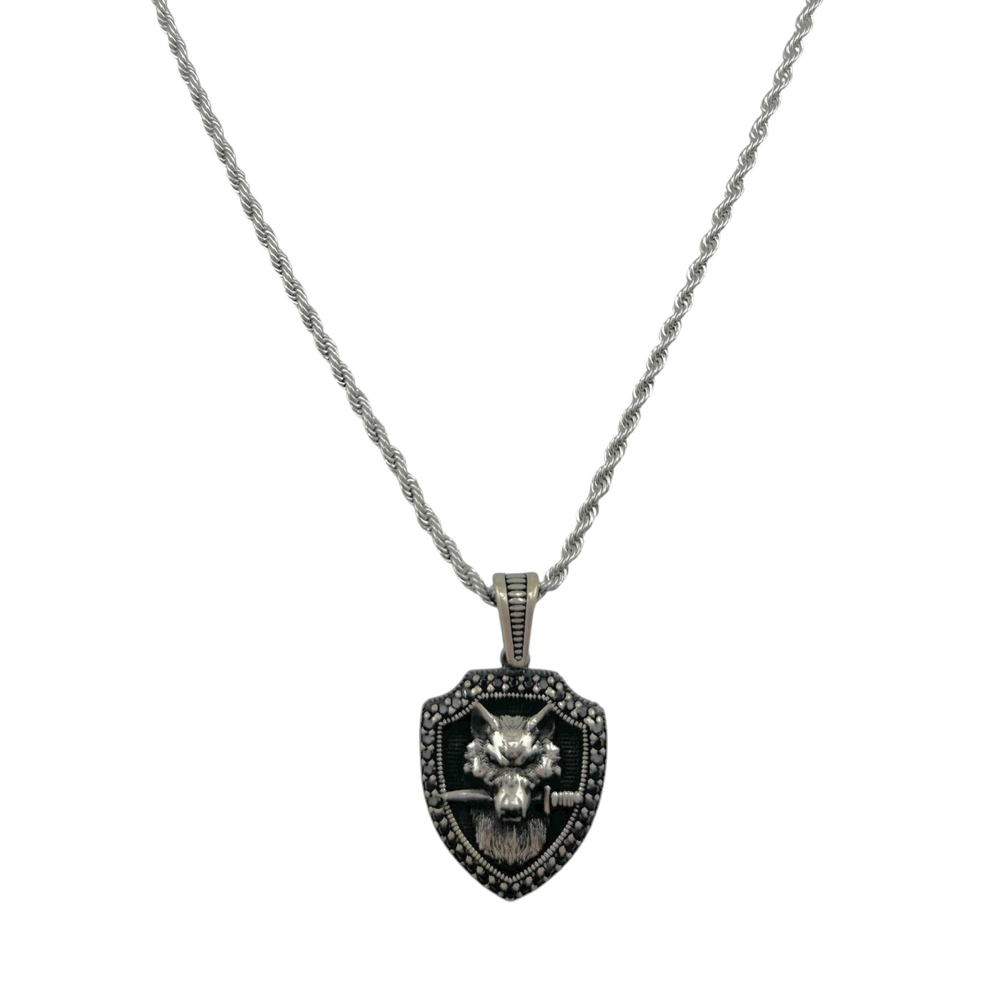 Sterling Silver Wolf & Sword Mens Necklace