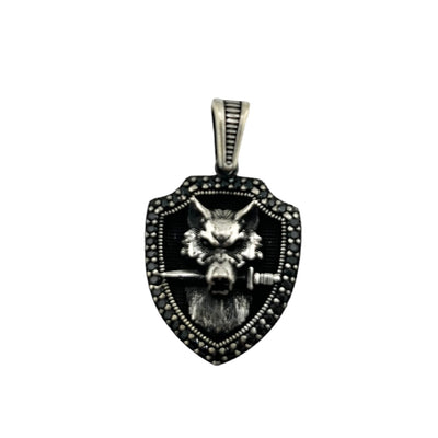 Sterling Silver Wolf & Sword Mens Necklace