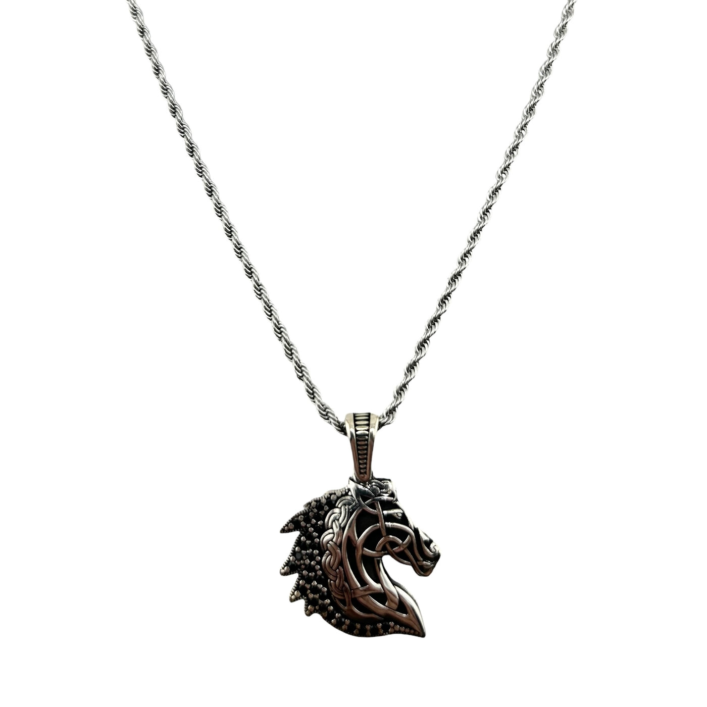 Sterling Silver CZ Horse Mens Necklace