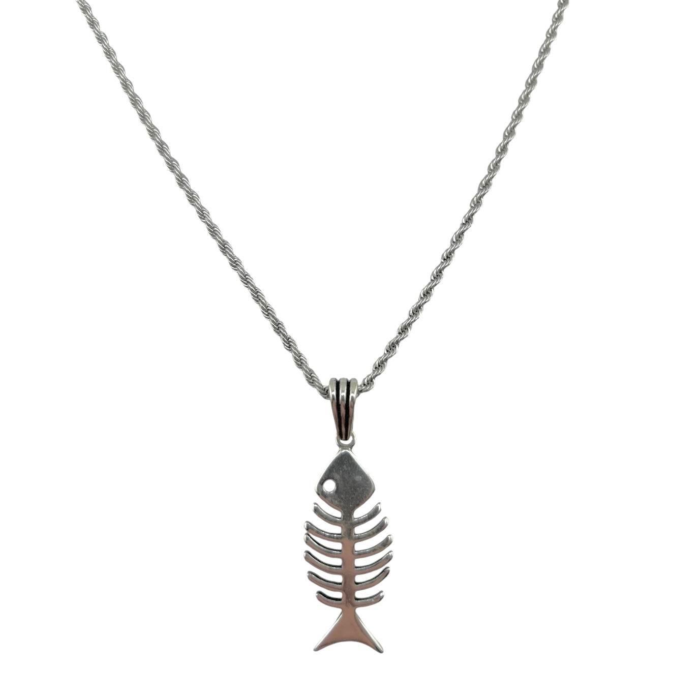 Sterling Silver Fish Skeleton Mens Necklace