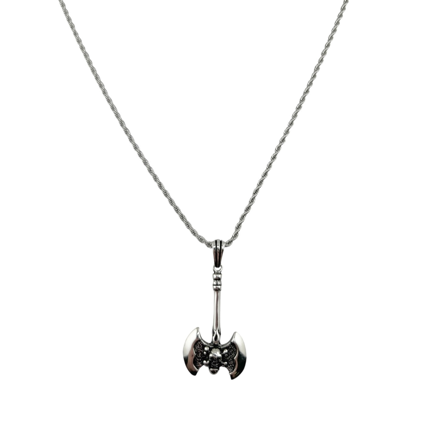 Sterling Silver Skull Ax Mens Necklace