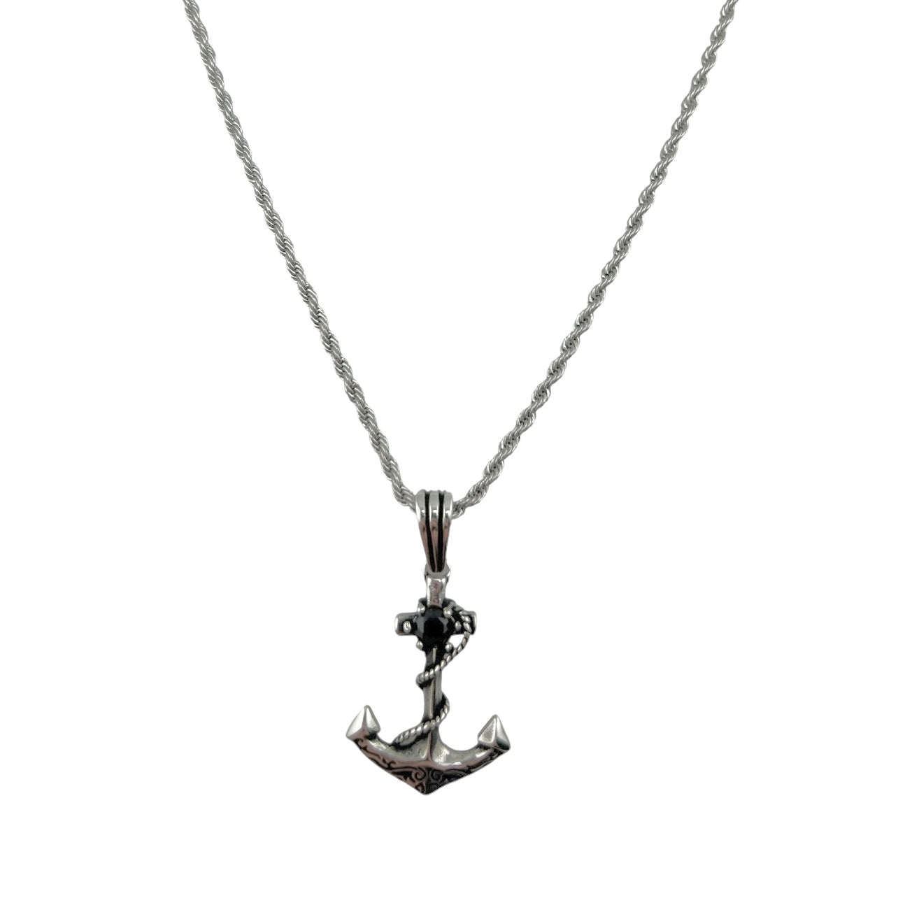 Sterling Silver Black CZ Anchor Mens Necklace