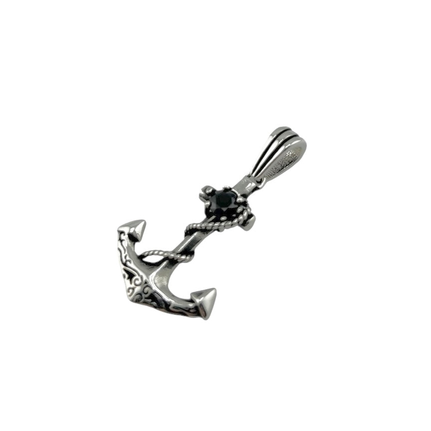 Sterling Silver Black CZ Anchor Mens Necklace