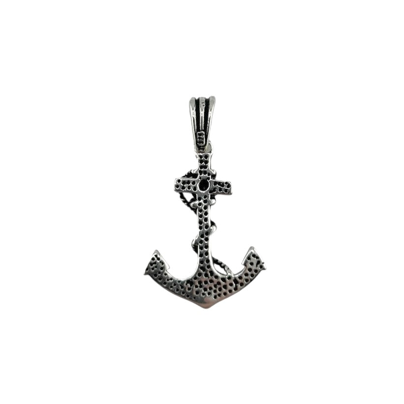 Sterling Silver Black CZ Anchor Mens Necklace