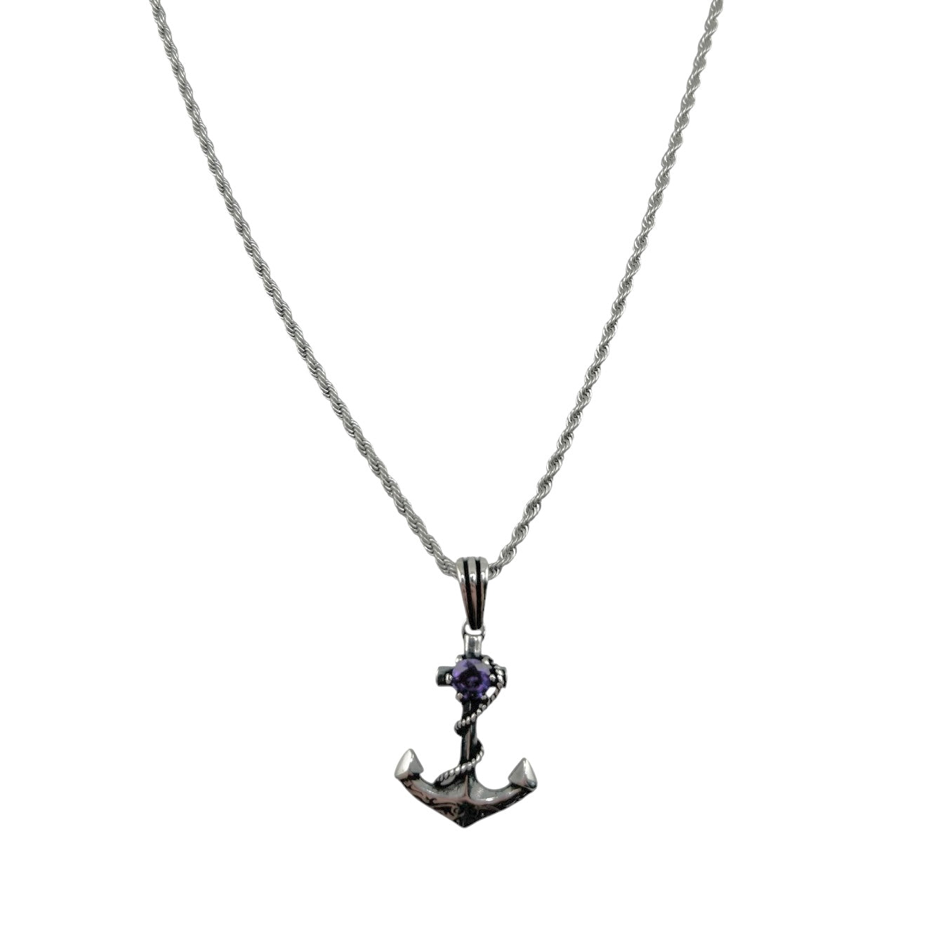 Sterling Silver Amethyst Anchor Mens Necklace