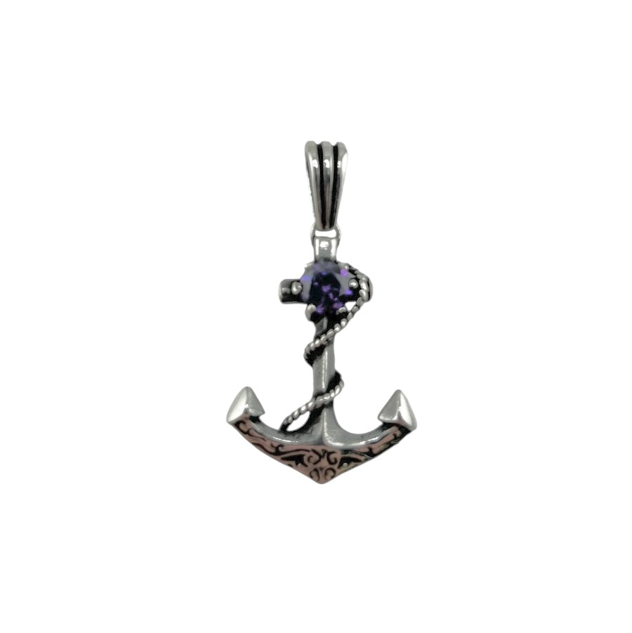 Sterling Silver Amethyst Anchor Mens Necklace