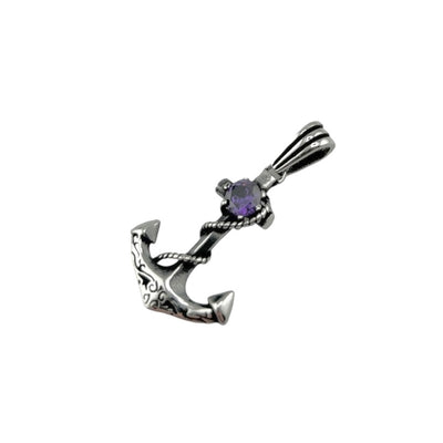 Sterling Silver Amethyst Anchor Mens Necklace