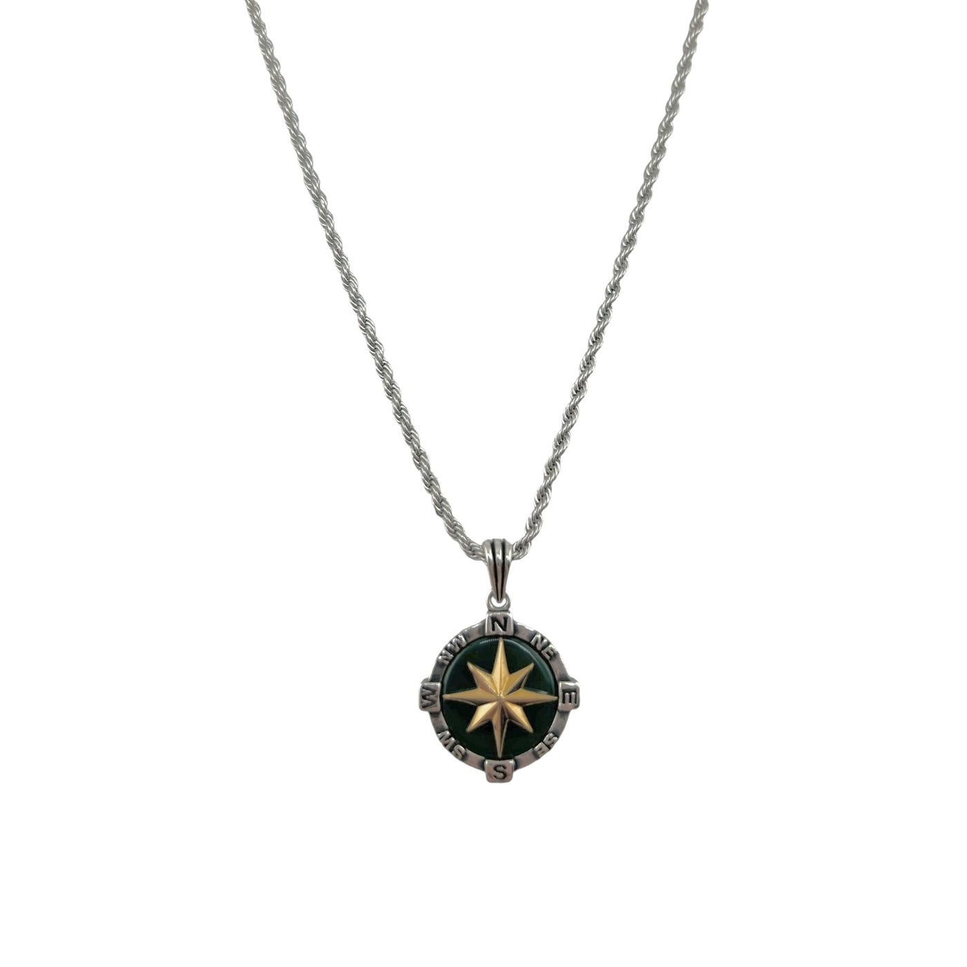 Sterling Silver Malachite Compass Mens Necklace