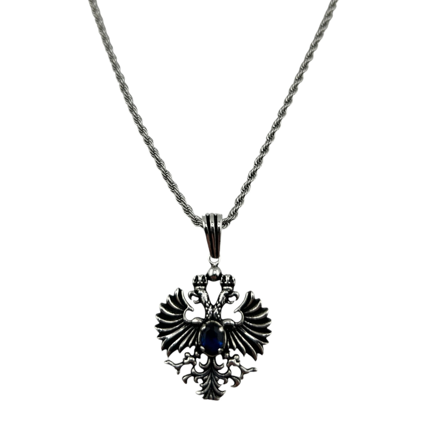 Sterling Silver Blue CZ Eagle Mens Necklace