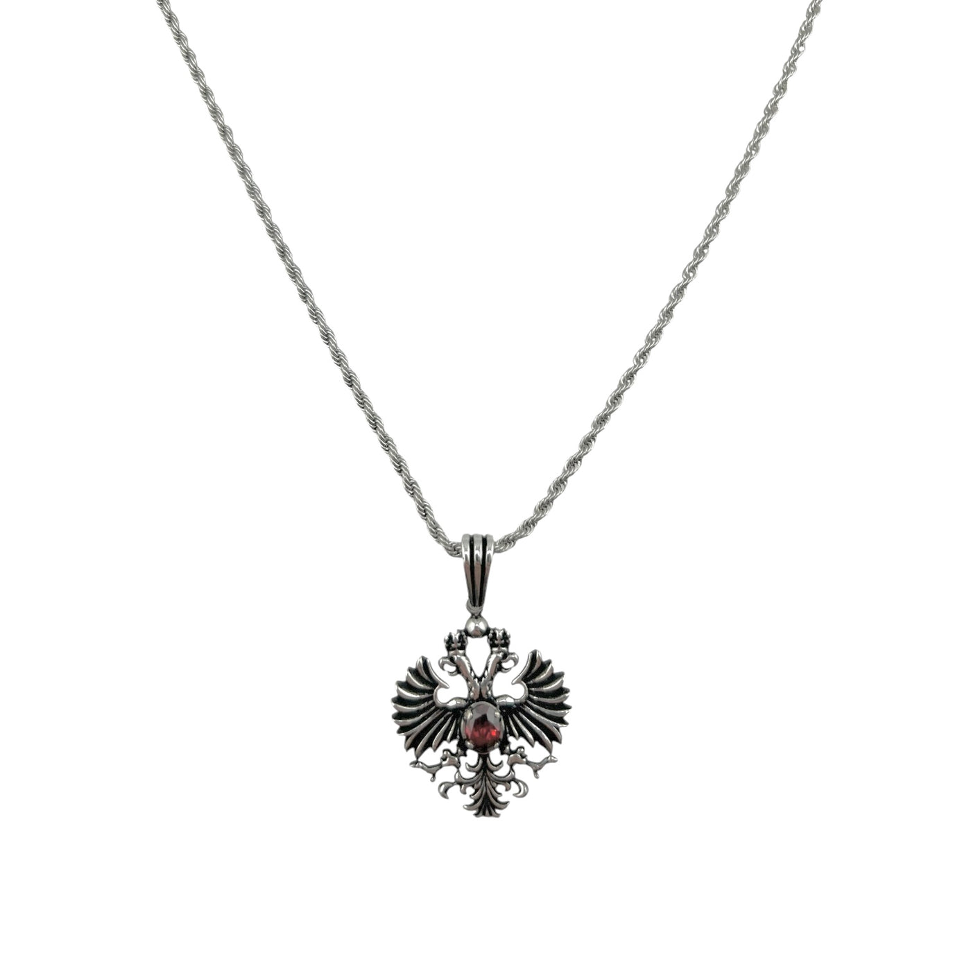 Sterling Silver Red CZ Eagle Mens Necklace