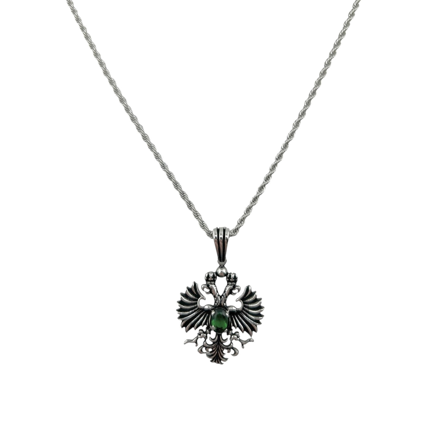 Sterling Silver Green CZ Eagle Mens Necklace