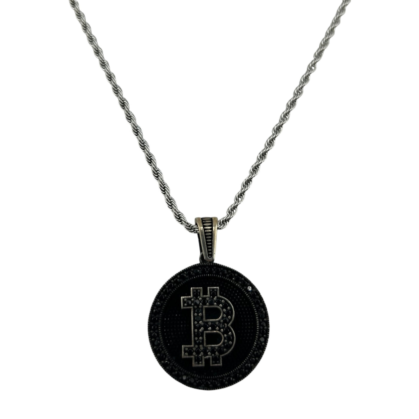 Sterling Silver CZ Bitcoin Mens Necklace