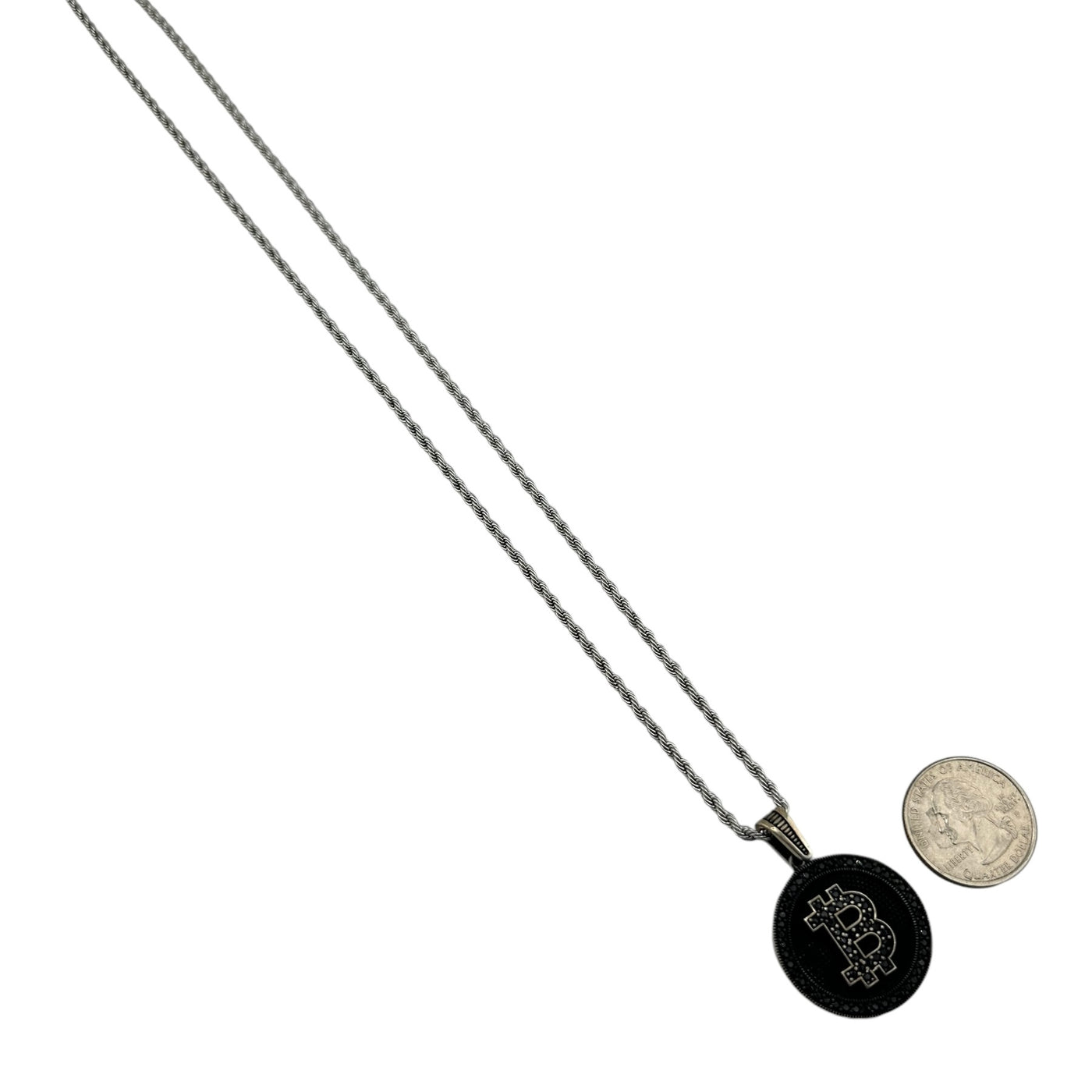 Sterling Silver CZ Bitcoin Mens Necklace